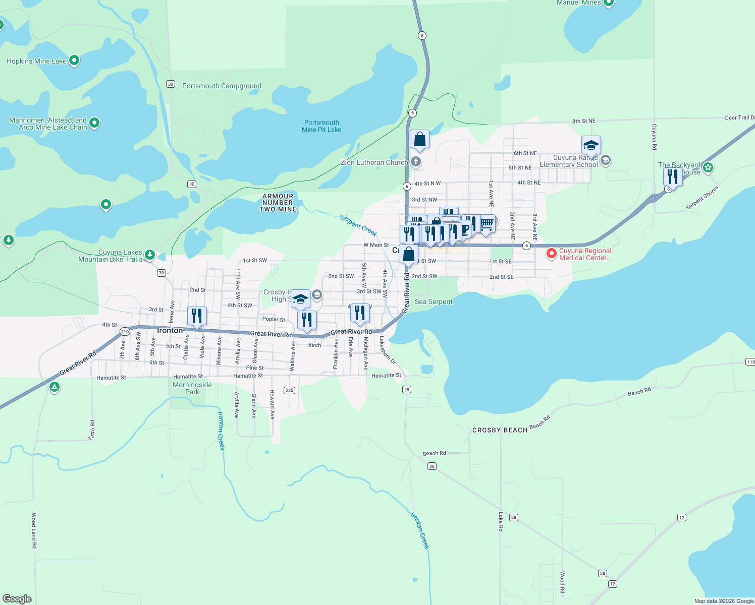 map of restaurants, bars, coffee shops, grocery stores, and more near 407 4th St SW in Crosby