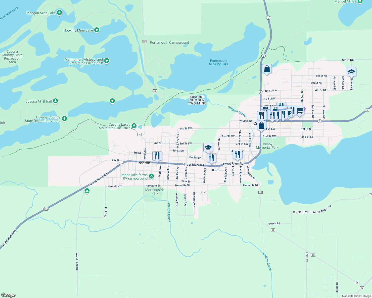 map of restaurants, bars, coffee shops, grocery stores, and more near 1001 4th St SW in Crosby