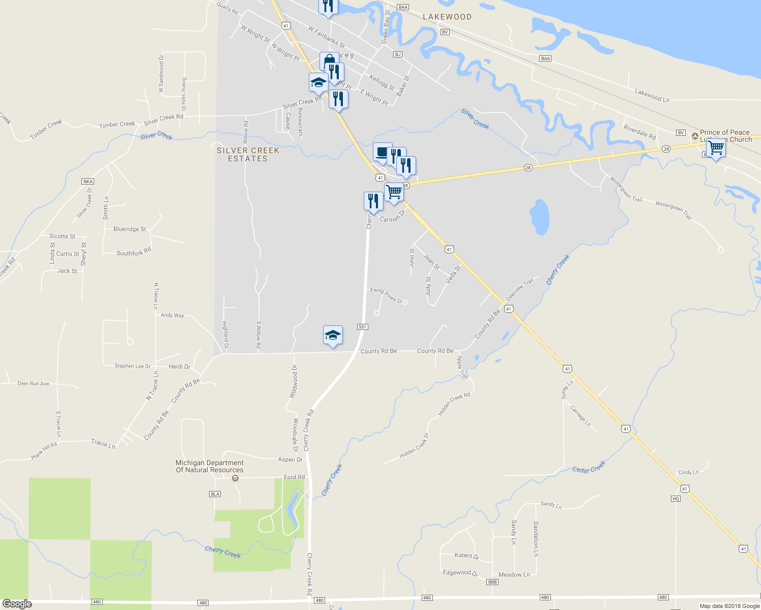 map of restaurants, bars, coffee shops, grocery stores, and more near Windmill Lane in Chocolay Charter Township