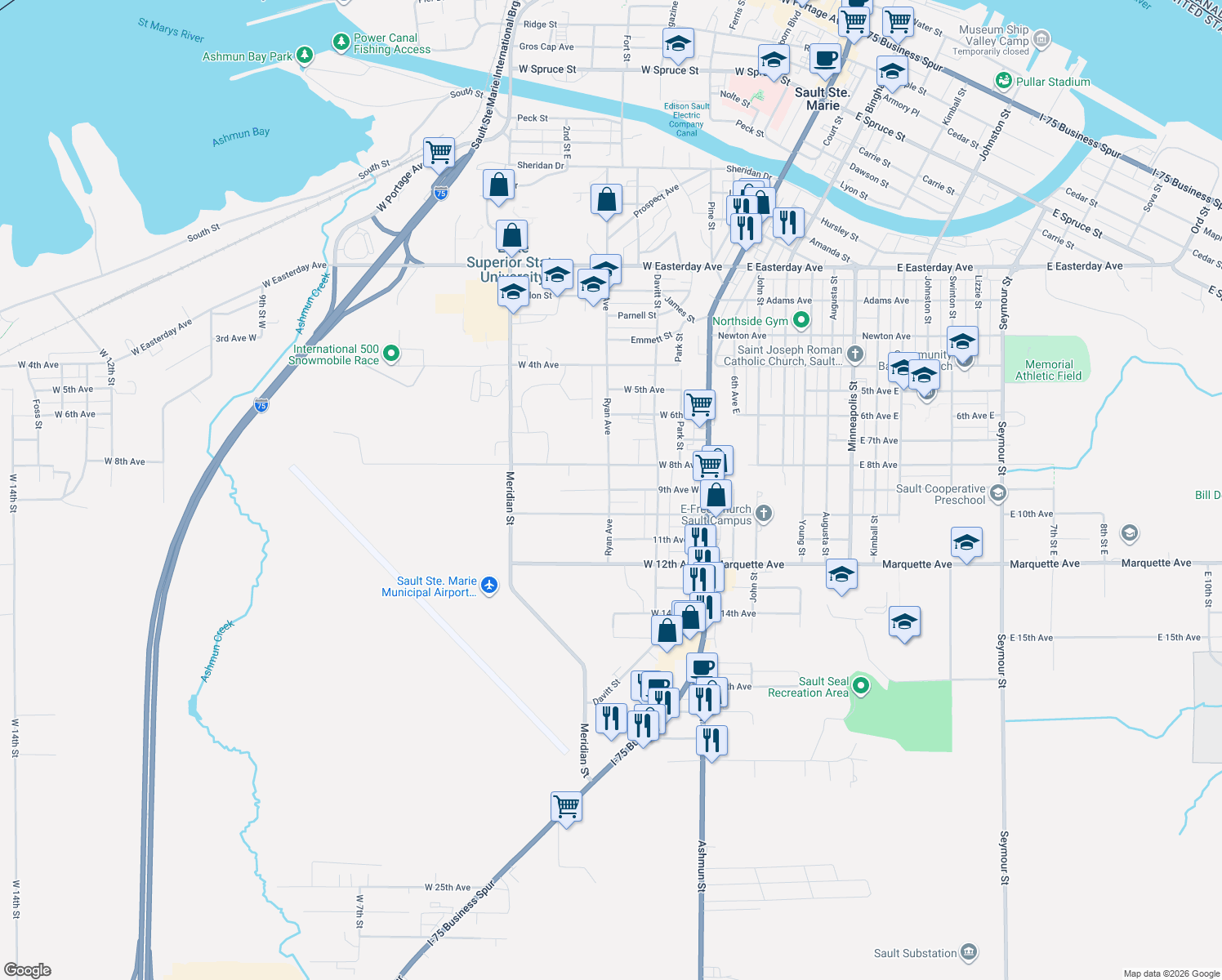 map of restaurants, bars, coffee shops, grocery stores, and more near 299 9th Ave W in Sault Ste. Marie