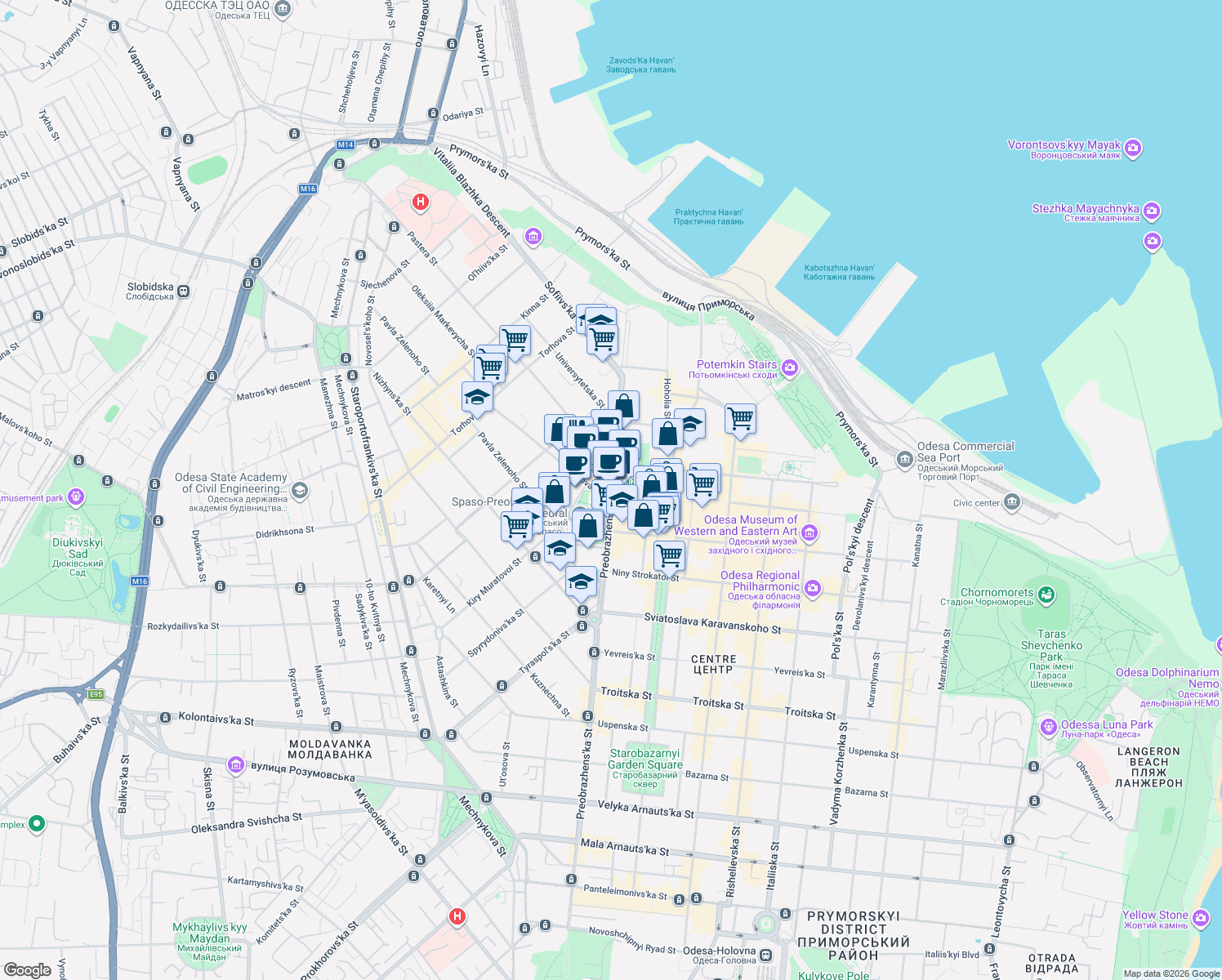 map of restaurants, bars, coffee shops, grocery stores, and more near in Odesa