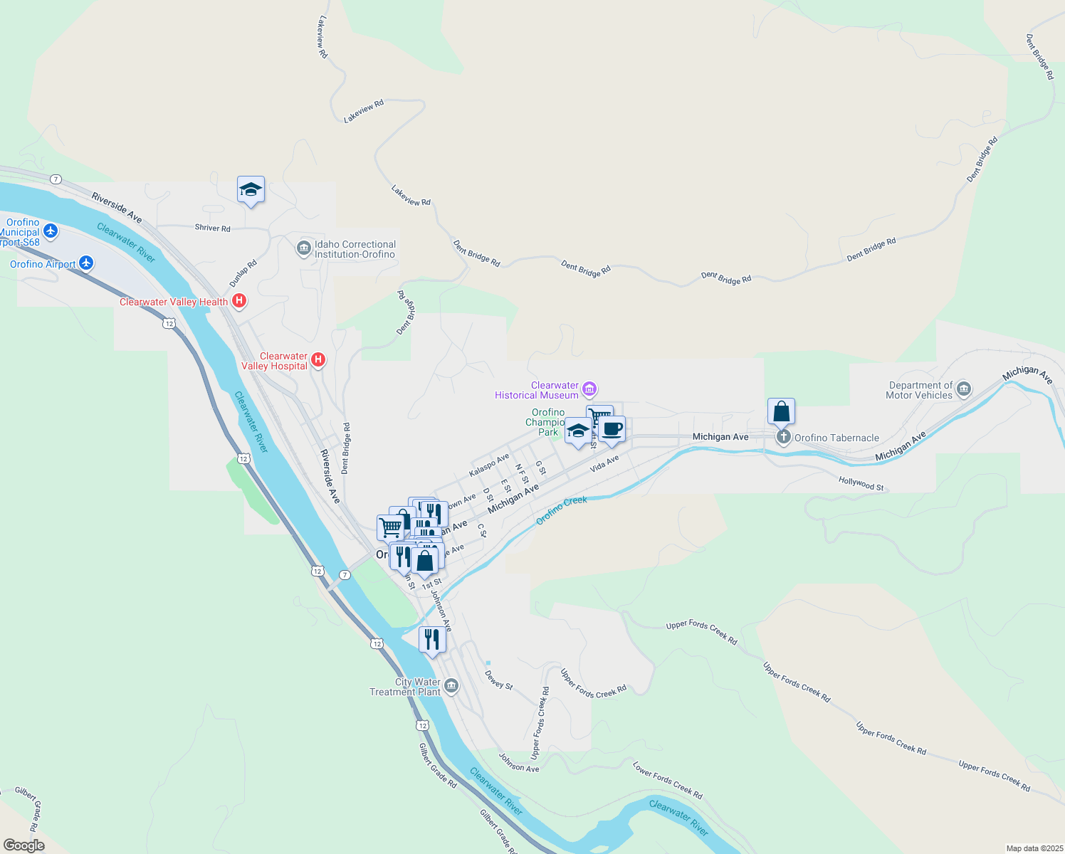 map of restaurants, bars, coffee shops, grocery stores, and more near 908 Walrath Avenue in Orofino