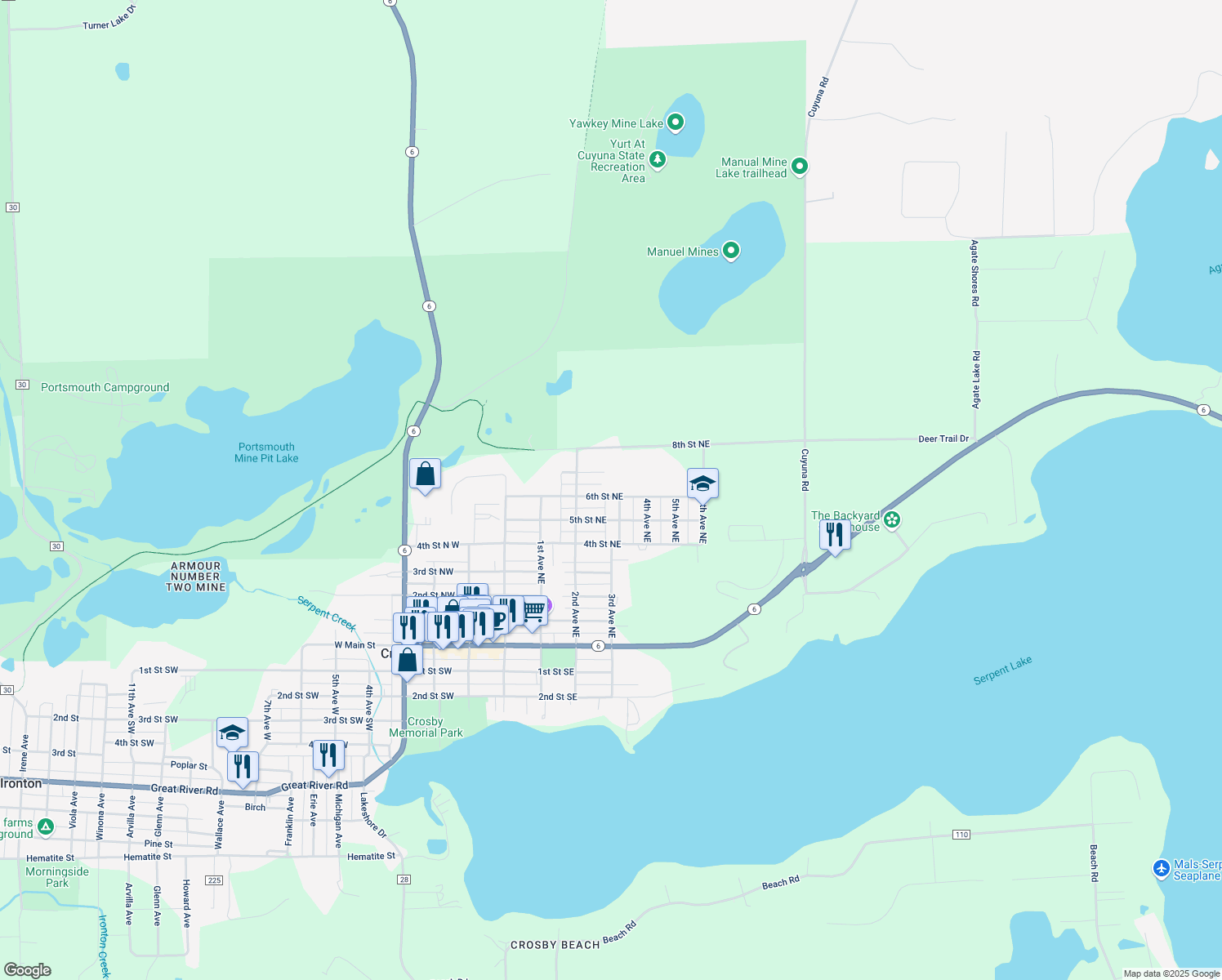 map of restaurants, bars, coffee shops, grocery stores, and more near 213 6th Street Northeast in Crosby