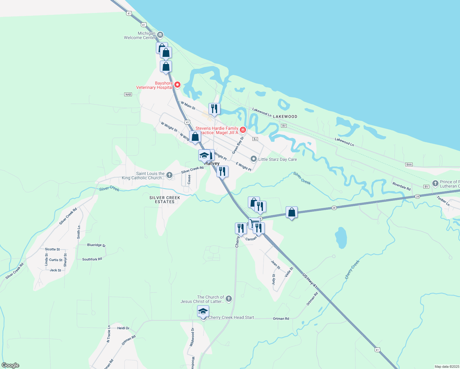 map of restaurants, bars, coffee shops, grocery stores, and more near 5057 U.S. 41 in Harvey
