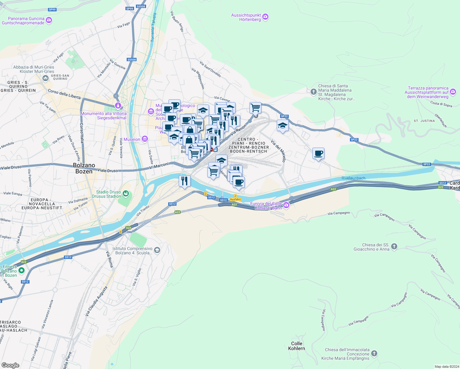 map of restaurants, bars, coffee shops, grocery stores, and more near 55 Via del Macello in Bolzano