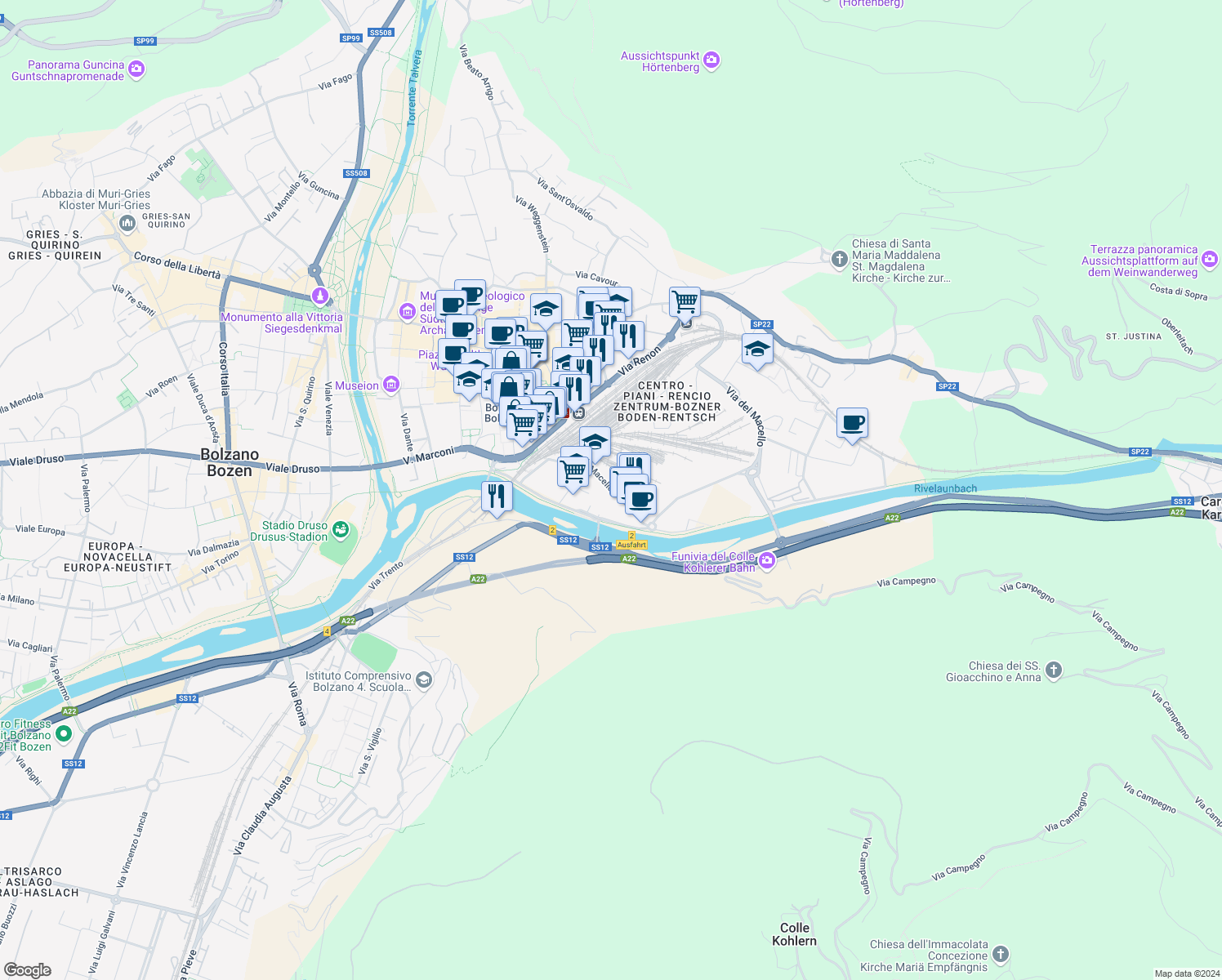 map of restaurants, bars, coffee shops, grocery stores, and more near 55 Via del Macello in Bolzano
