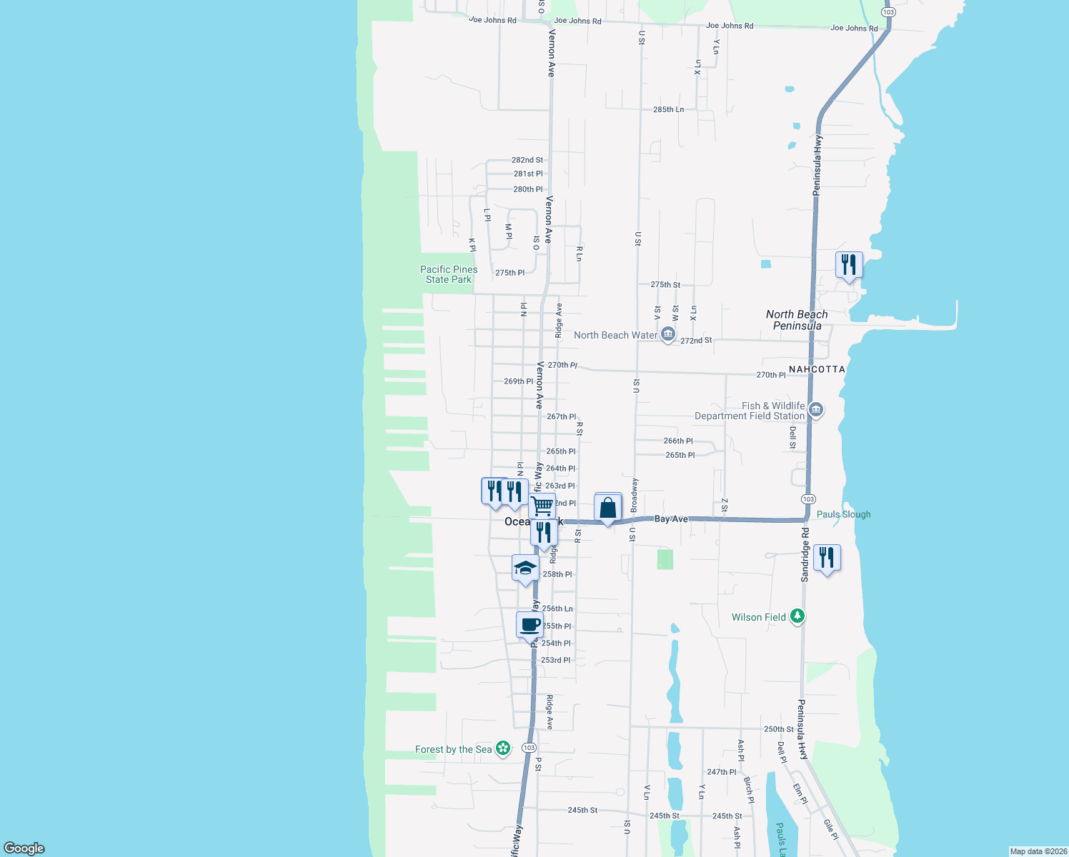 map of restaurants, bars, coffee shops, grocery stores, and more near 26607 Vernon Avenue in Ocean Park