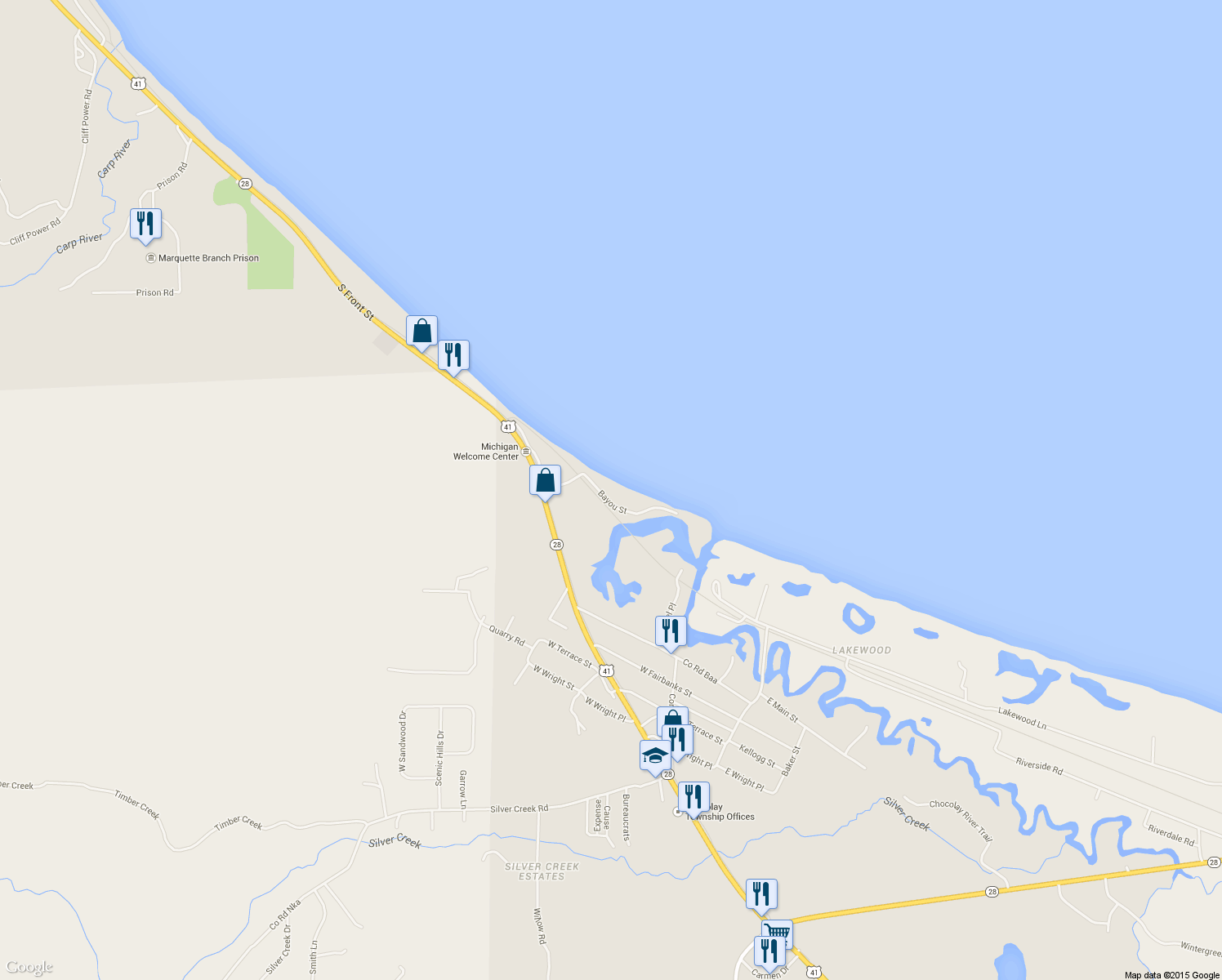 map of restaurants, bars, coffee shops, grocery stores, and more near 175 Bayou St in Chocolay Charter Township