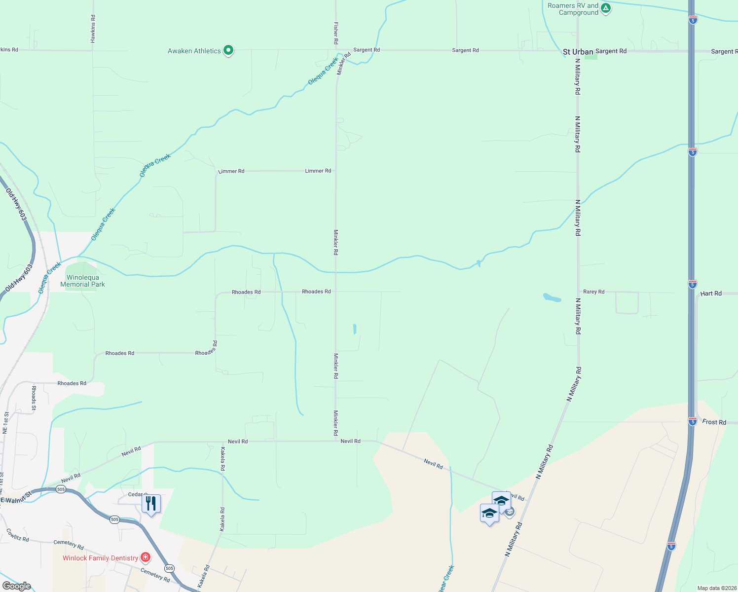 map of restaurants, bars, coffee shops, grocery stores, and more near 104 Timberline Lane in Winlock