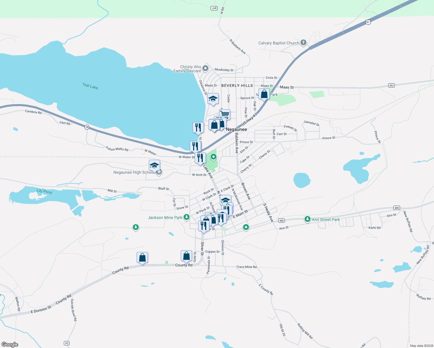 map of restaurants, bars, coffee shops, grocery stores, and more near 112 E Arch St in Negaunee