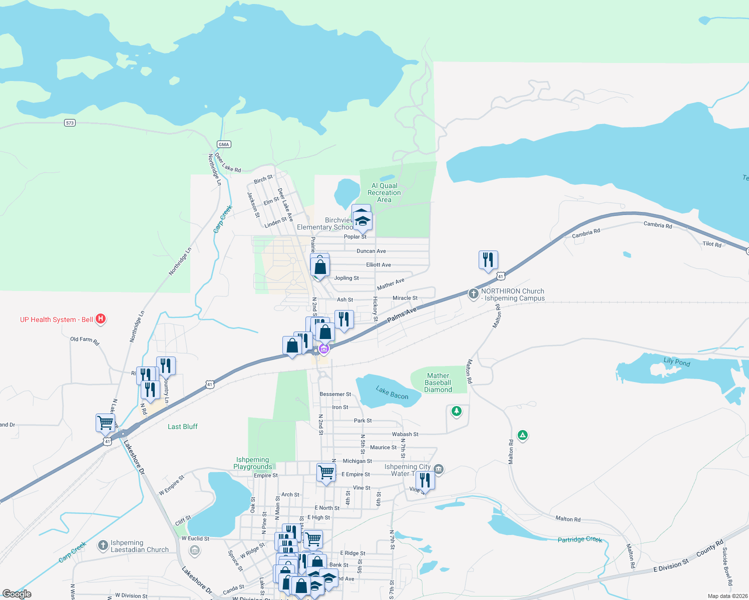 map of restaurants, bars, coffee shops, grocery stores, and more near 1487 Hickory Street in Ishpeming Township