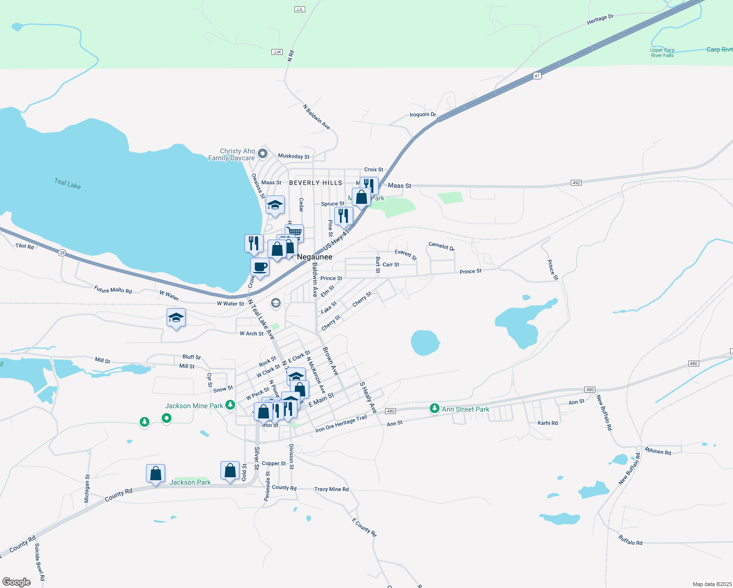 map of restaurants, bars, coffee shops, grocery stores, and more near 546 Cherry St in Negaunee