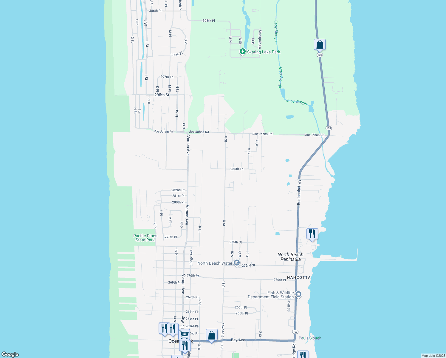 map of restaurants, bars, coffee shops, grocery stores, and more near 28311 U Street in Ocean Park