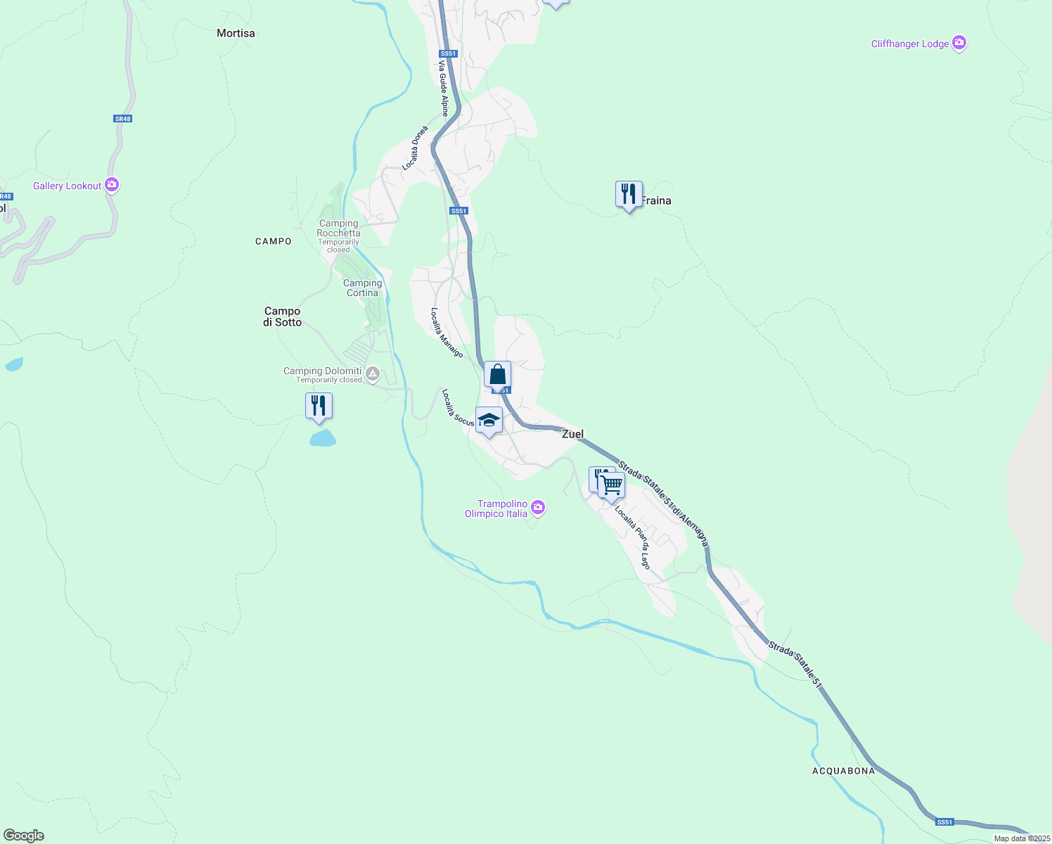 map of restaurants, bars, coffee shops, grocery stores, and more near 46 Località Zuel di Sopra in Cortina d'Ampezzo