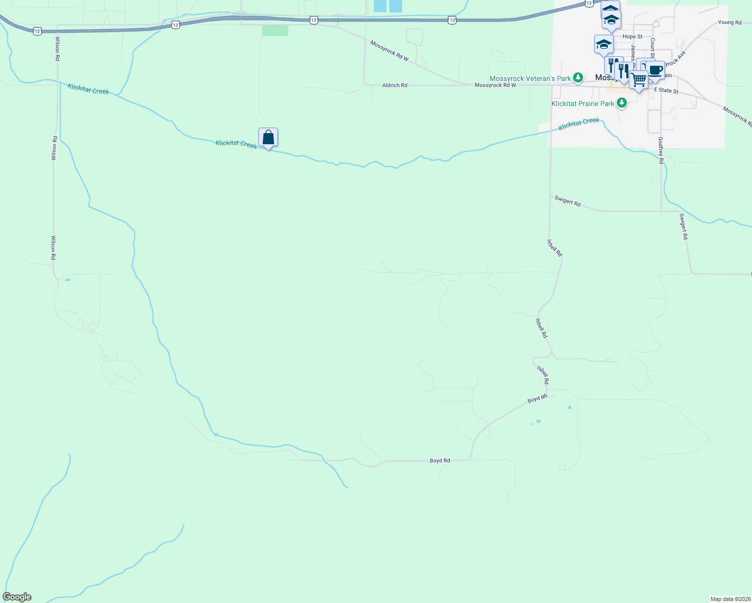 map of restaurants, bars, coffee shops, grocery stores, and more near 226 Bowen Road in Mossyrock