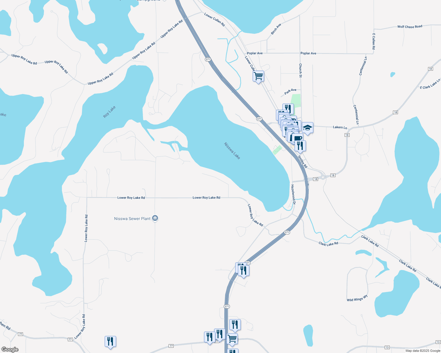 map of restaurants, bars, coffee shops, grocery stores, and more near 25098 Nisswa Lake Ln in Nisswa