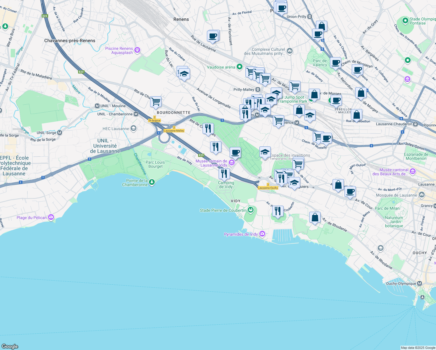 map of restaurants, bars, coffee shops, grocery stores, and more near 9 Route de Vidy in Lausanne