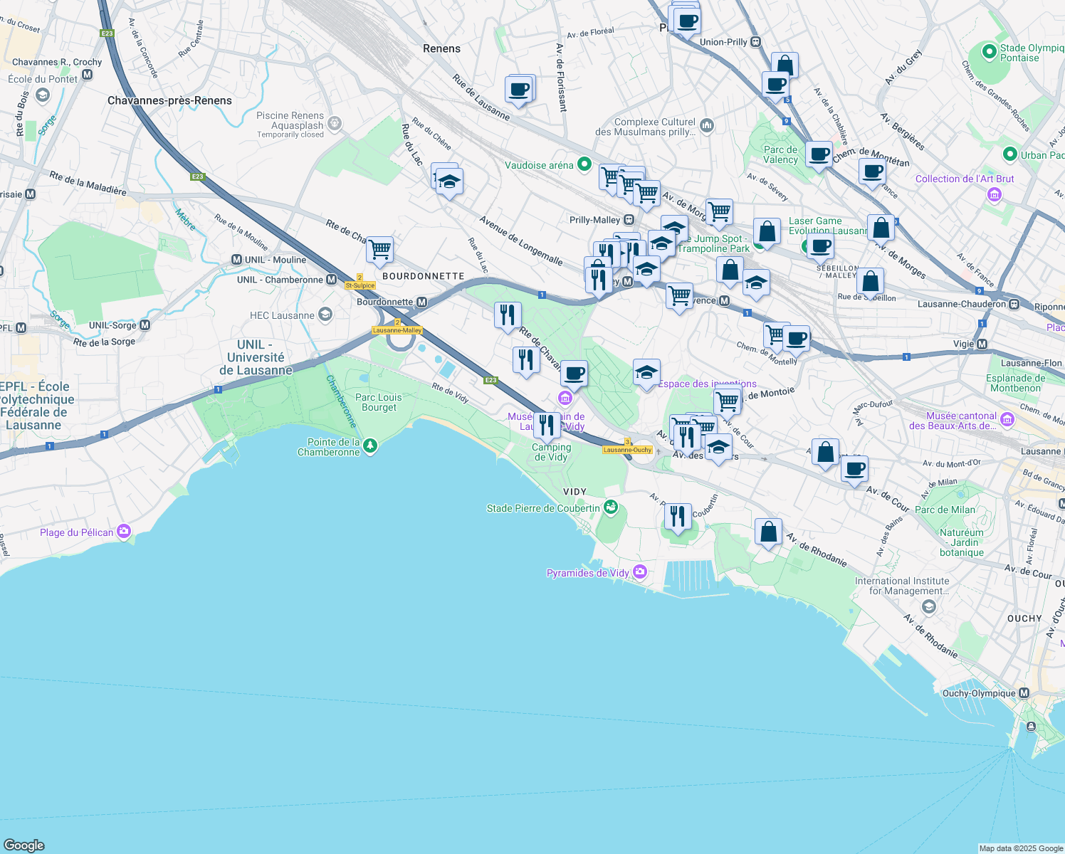 map of restaurants, bars, coffee shops, grocery stores, and more near 9 Route de Vidy in Lausanne