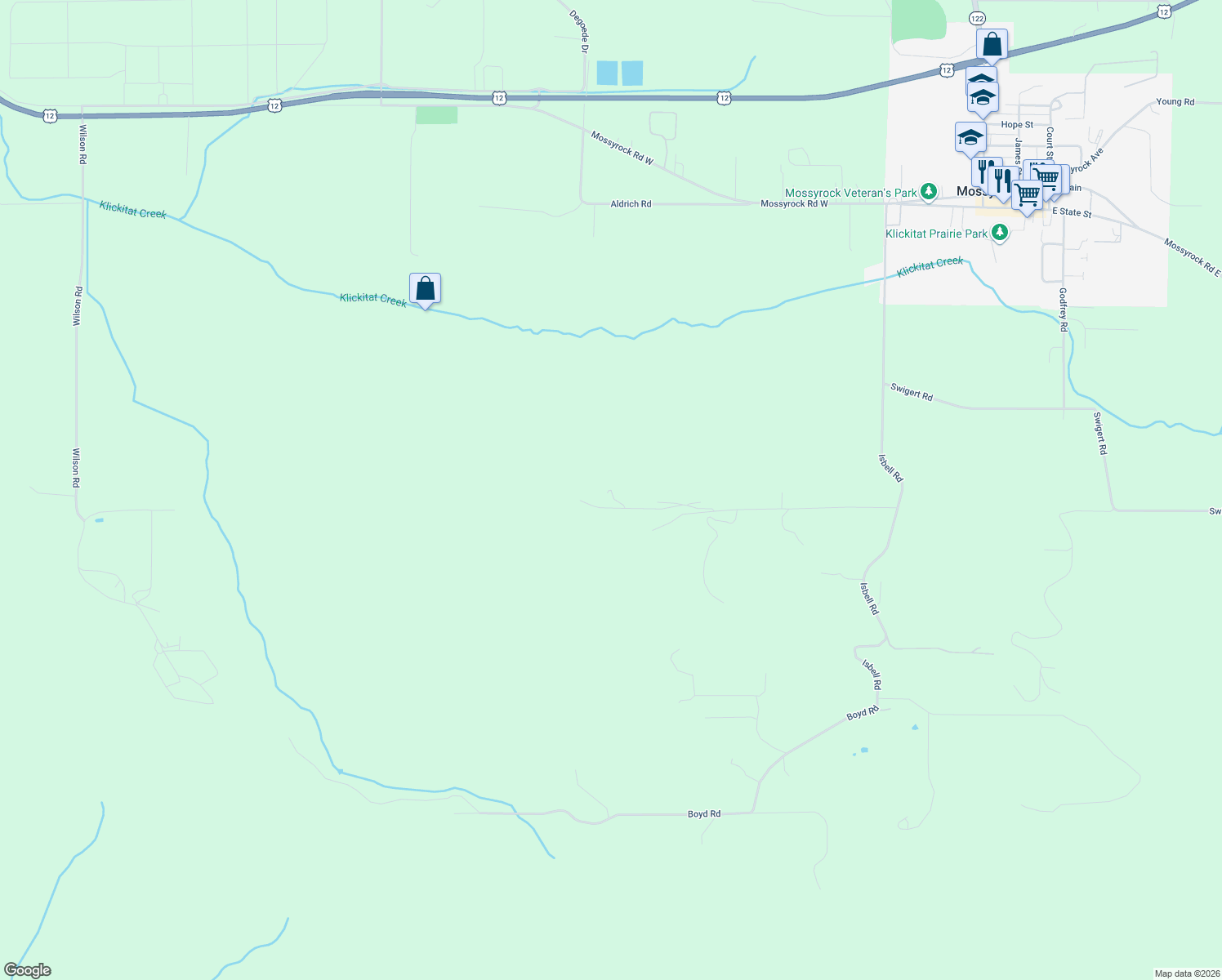 map of restaurants, bars, coffee shops, grocery stores, and more near 226 Bowen Road in Mossyrock