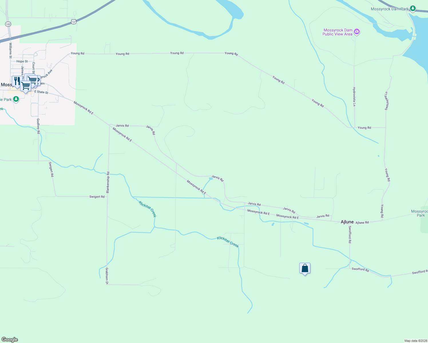 map of restaurants, bars, coffee shops, grocery stores, and more near 281 Jarvis Road in Mossyrock