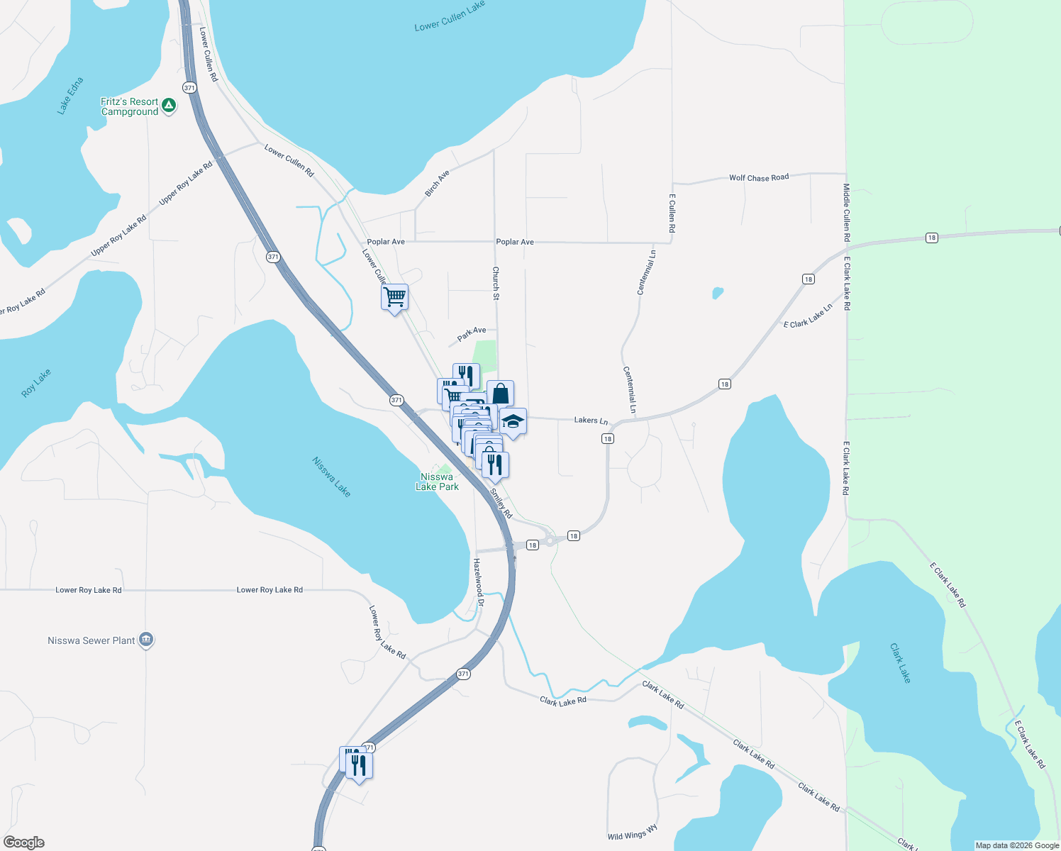 map of restaurants, bars, coffee shops, grocery stores, and more near 25482 School Street in Nisswa