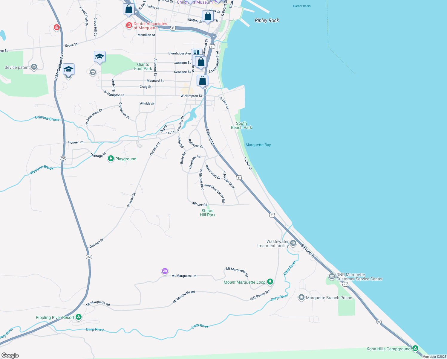 map of restaurants, bars, coffee shops, grocery stores, and more near 16 East Nicolet Boulevard in Marquette