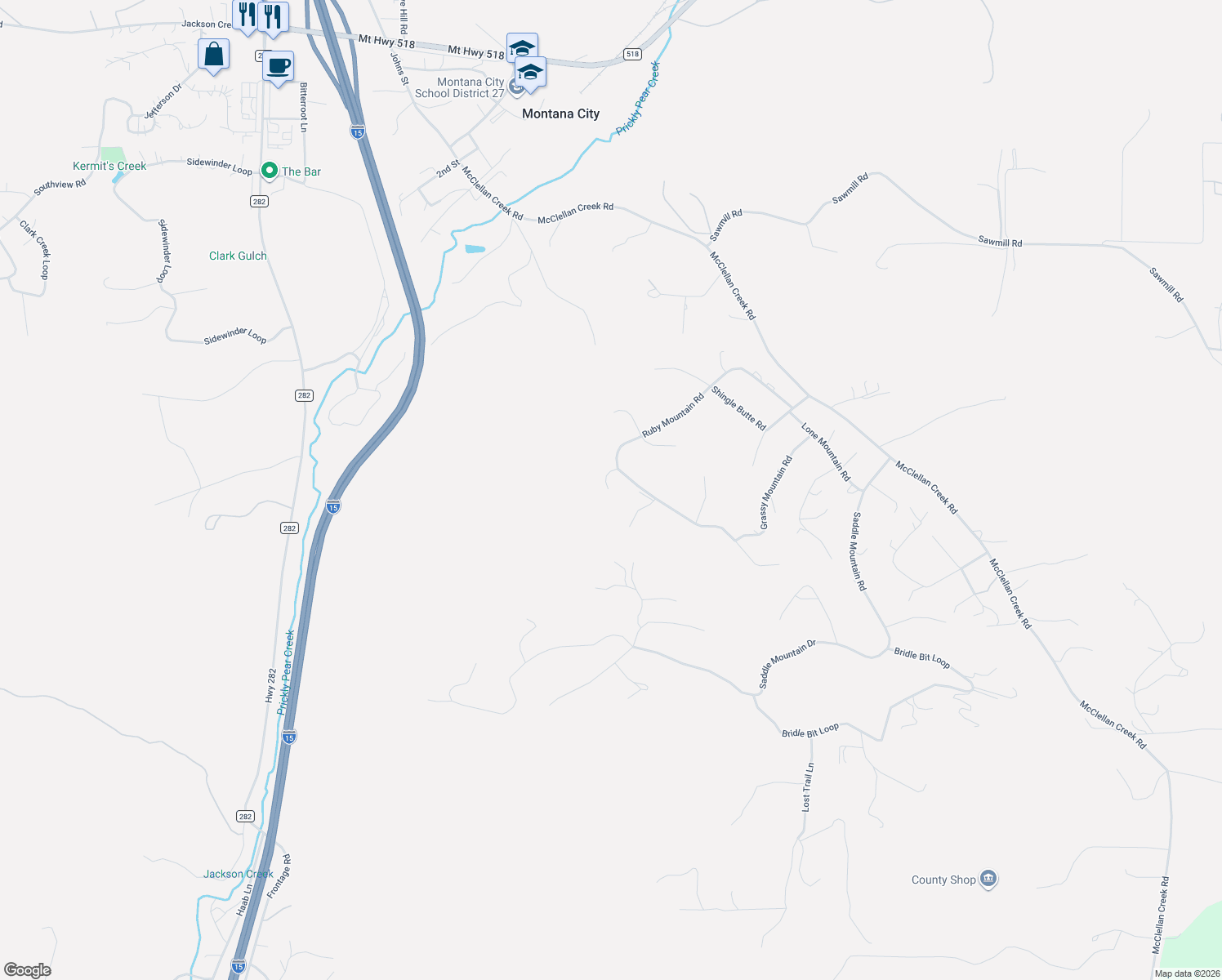 map of restaurants, bars, coffee shops, grocery stores, and more near 50 Ruby Mountain Road in Clancy