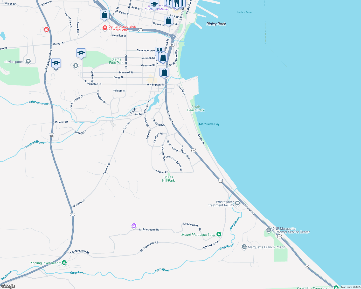map of restaurants, bars, coffee shops, grocery stores, and more near 6-14 E Nicolet Blvd in Marquette