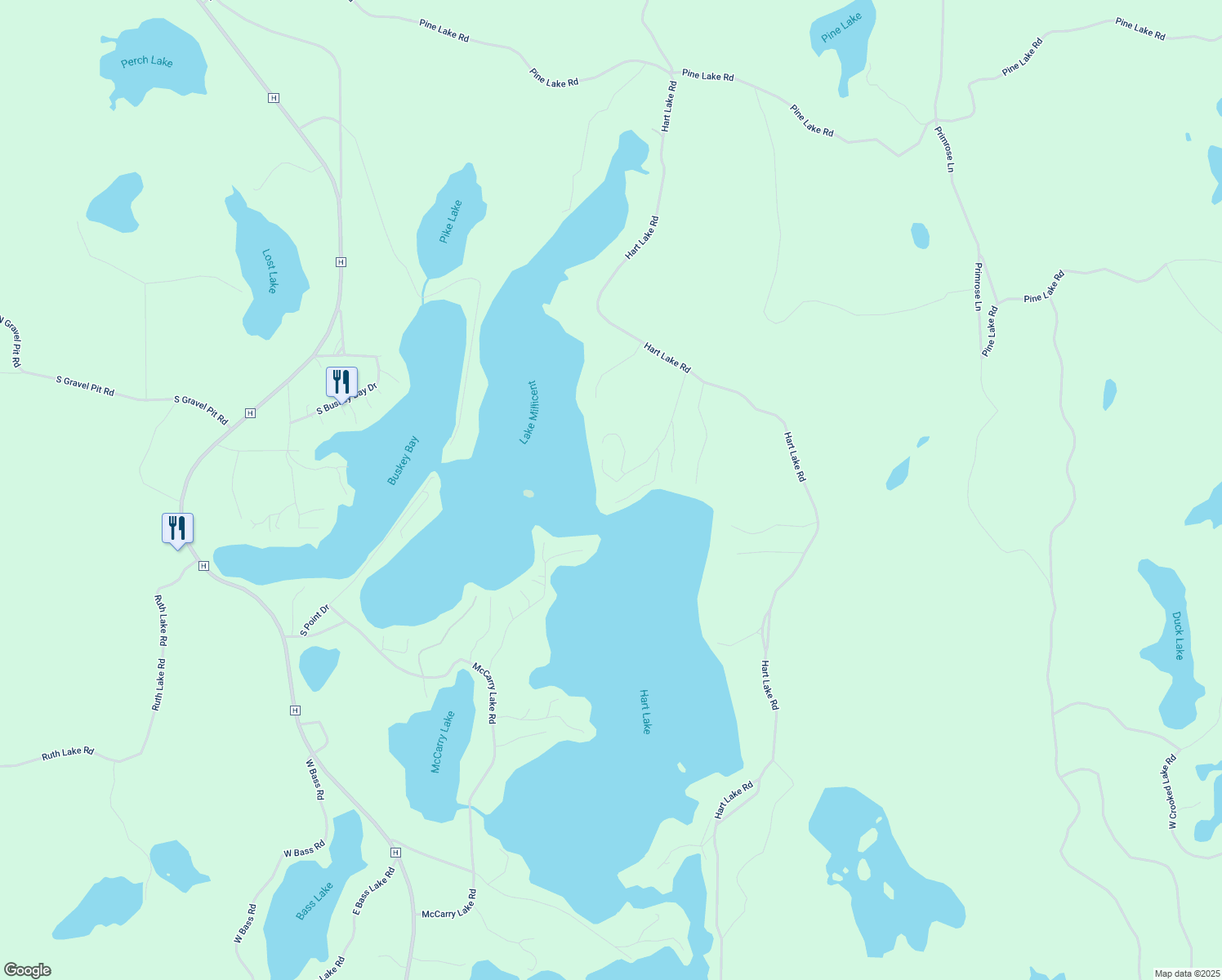 map of restaurants, bars, coffee shops, grocery stores, and more near 65730 East Pinecrest Road in Iron River