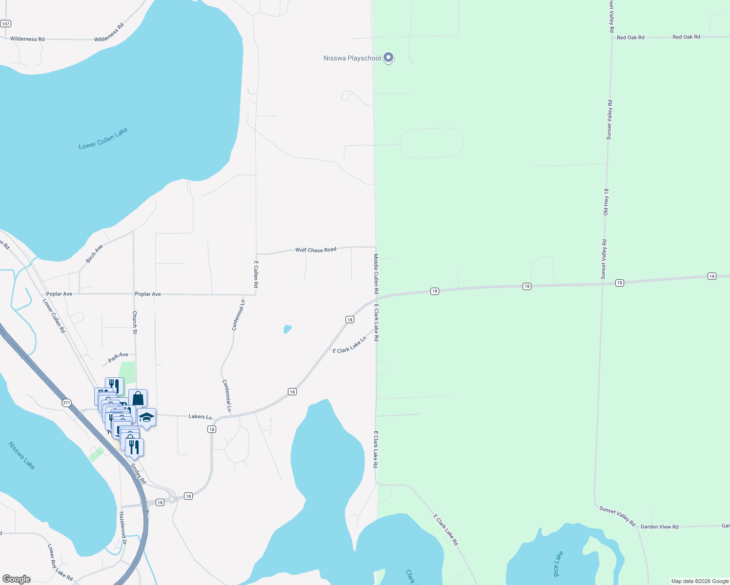 map of restaurants, bars, coffee shops, grocery stores, and more near 26033 Middle Cullen Road in Nisswa