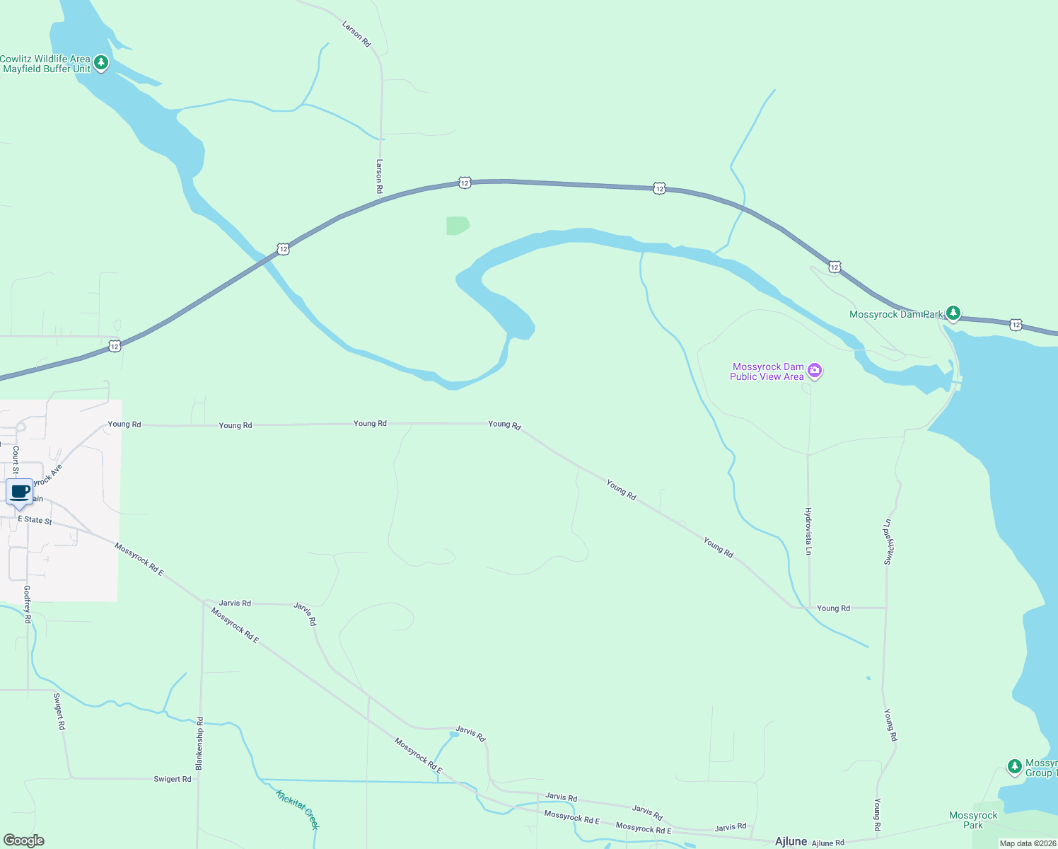 map of restaurants, bars, coffee shops, grocery stores, and more near 416 Young Road in Mossyrock