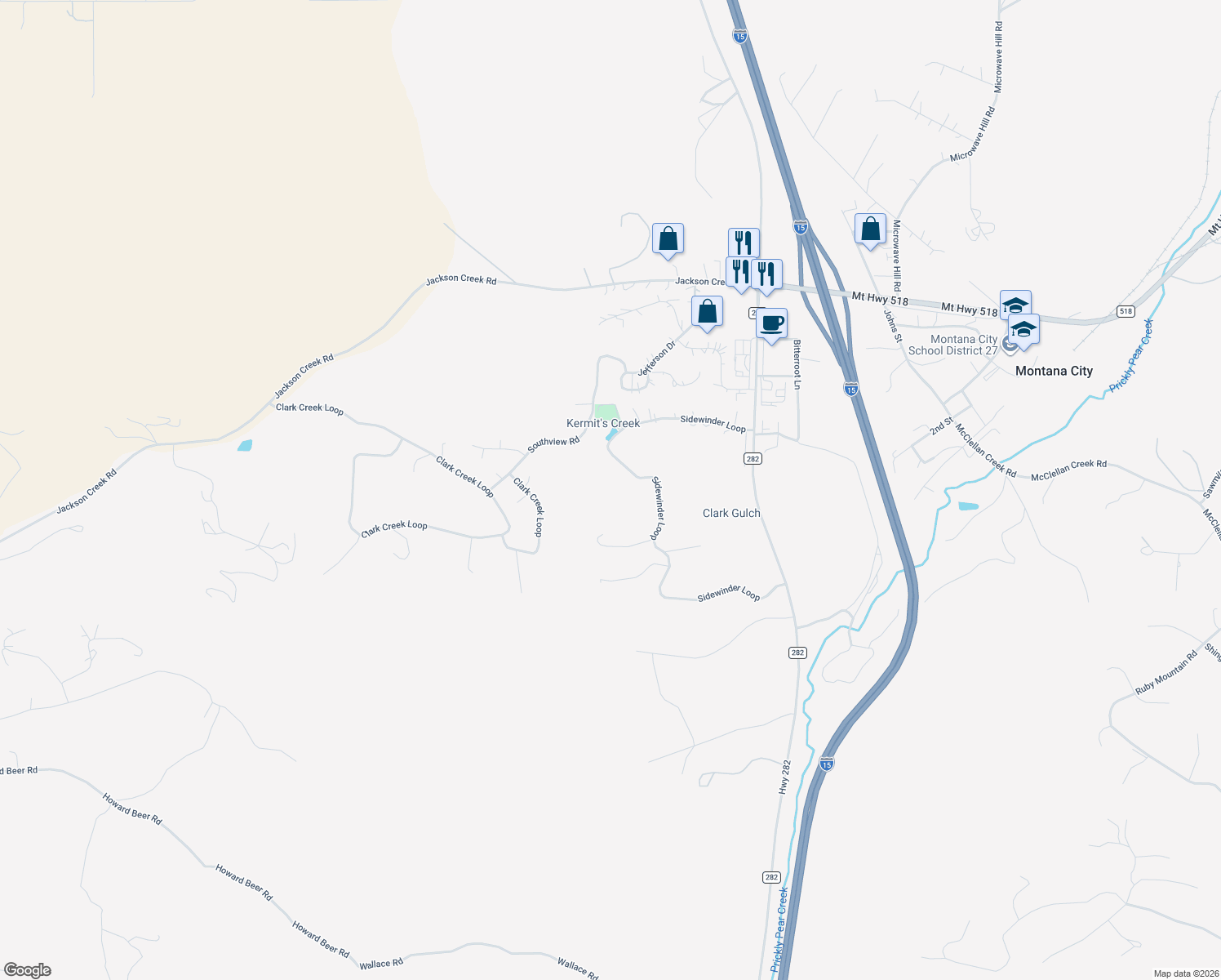 map of restaurants, bars, coffee shops, grocery stores, and more near 28 Sidewinder Loop in Clancy
