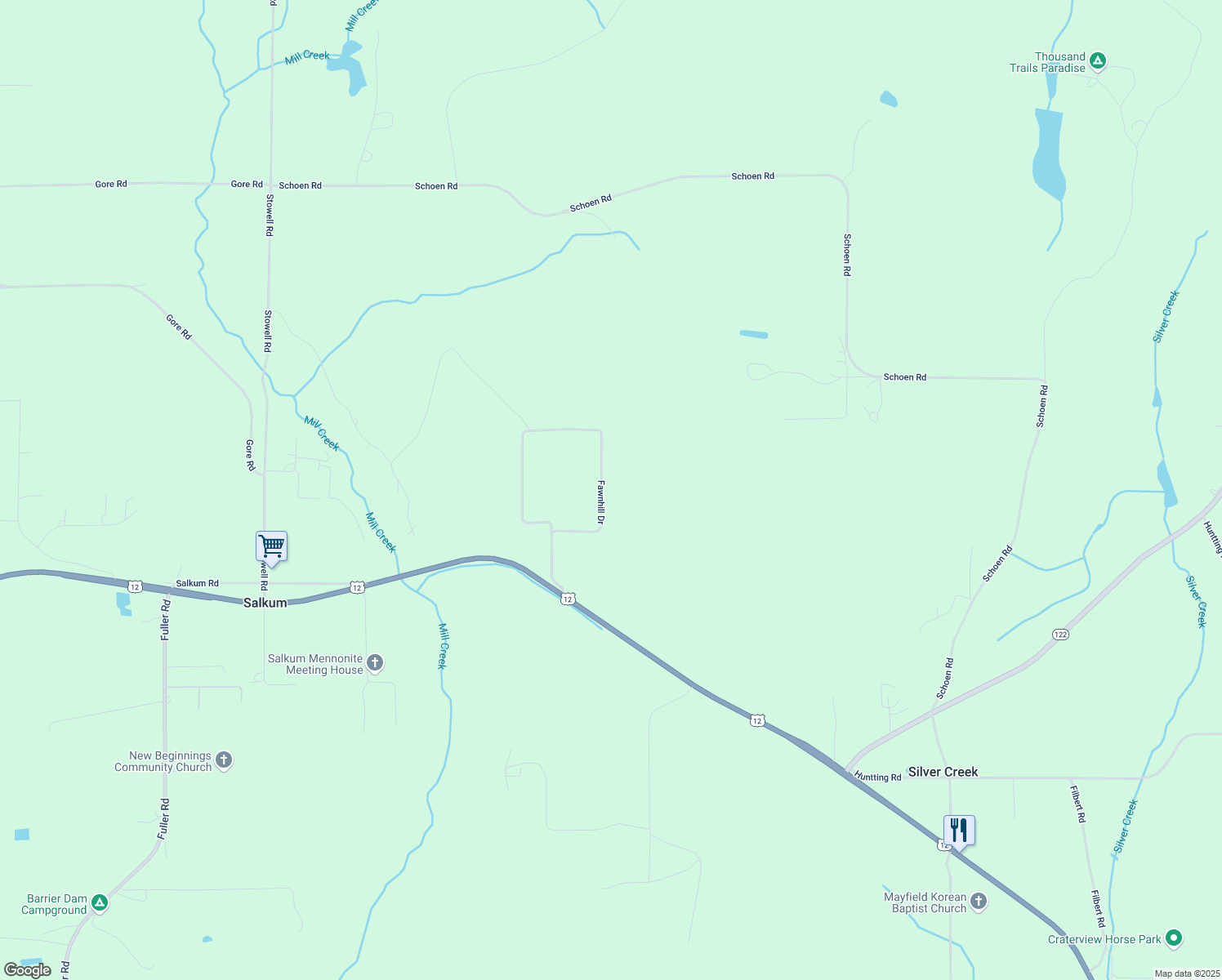 map of restaurants, bars, coffee shops, grocery stores, and more near 180 Fawnhill Drive in Silver Creek