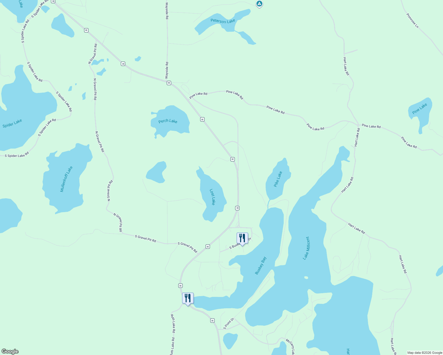 map of restaurants, bars, coffee shops, grocery stores, and more near 66365 County Highway H in Iron River