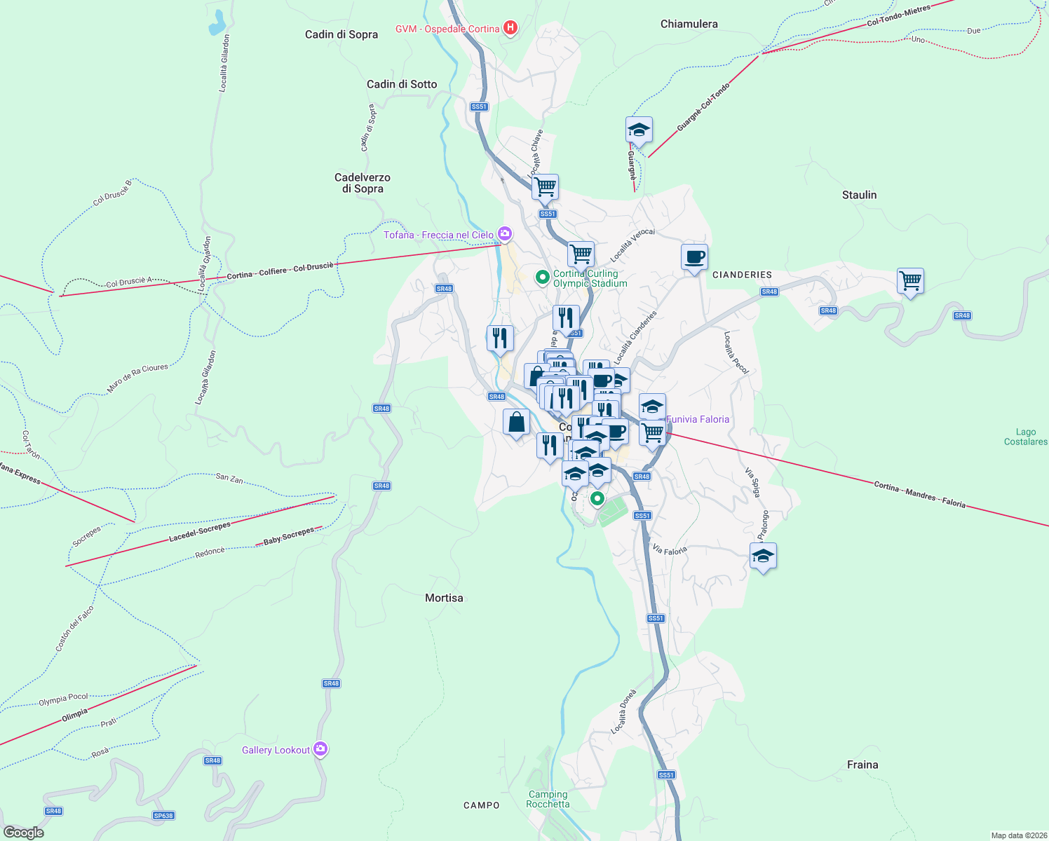 map of restaurants, bars, coffee shops, grocery stores, and more near 5 Via Lungoboite in Cortina d'Ampezzo