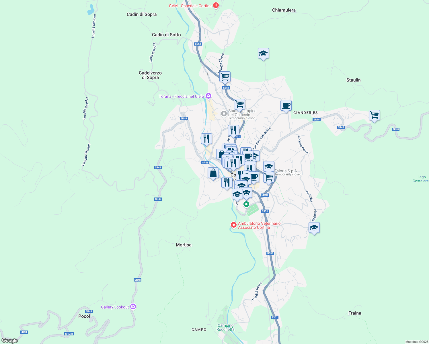 map of restaurants, bars, coffee shops, grocery stores, and more near 5 Via Lungoboite in Cortina d'Ampezzo