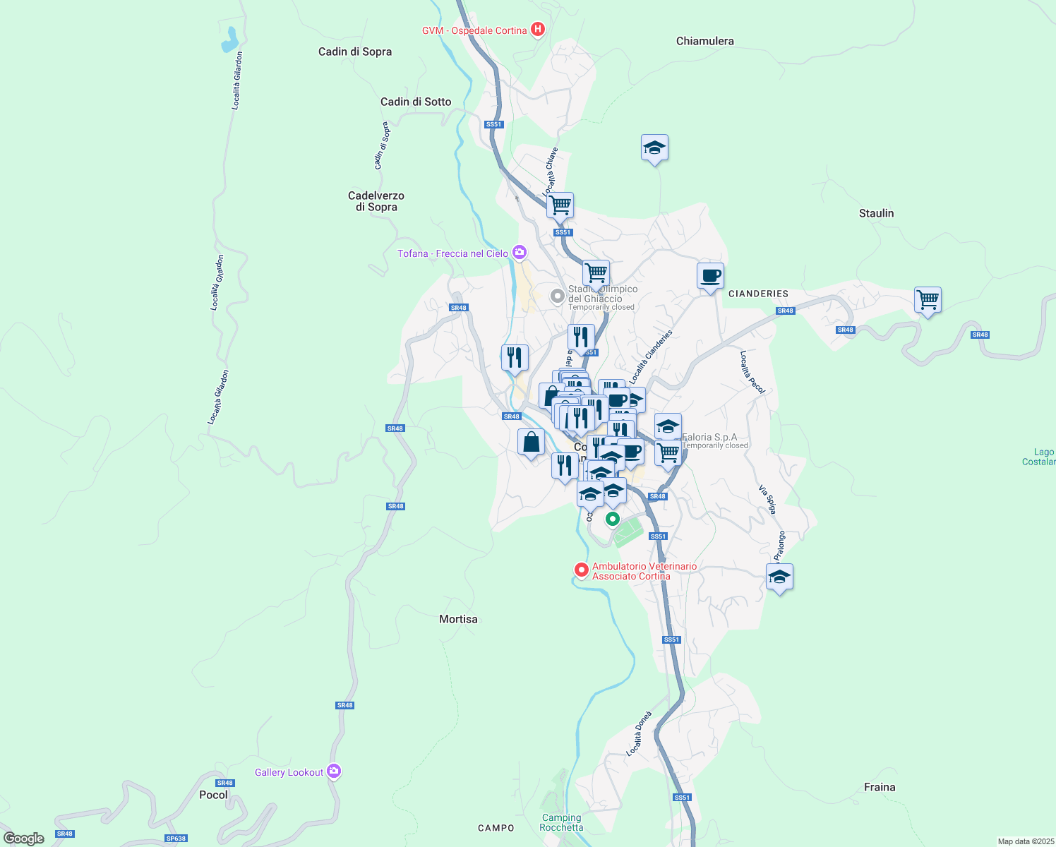 map of restaurants, bars, coffee shops, grocery stores, and more near 5 Via Lungoboite in Cortina d'Ampezzo
