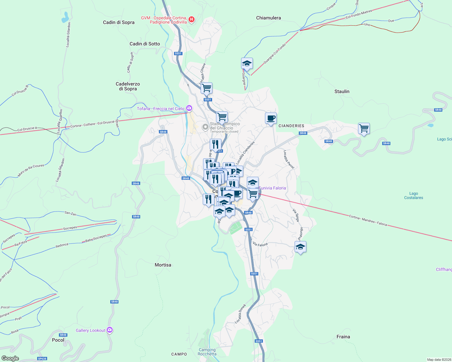 map of restaurants, bars, coffee shops, grocery stores, and more near 14 Via Stazione in Cortina d'Ampezzo