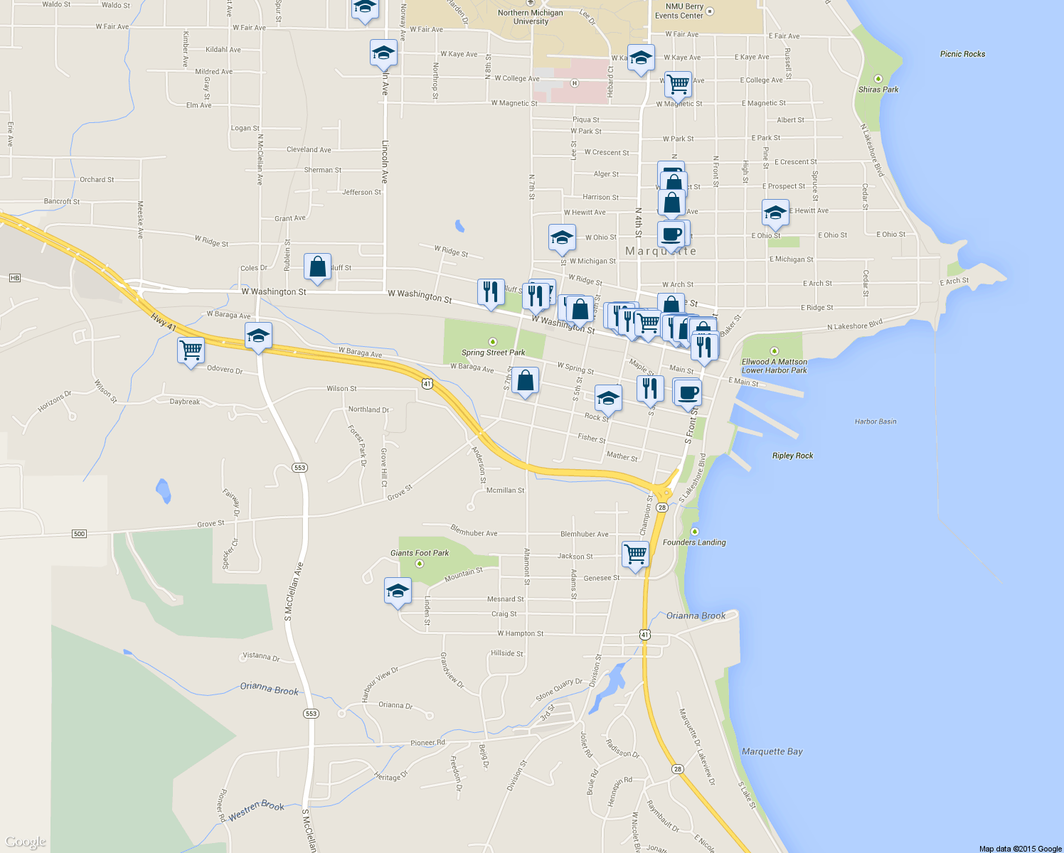 map of restaurants, bars, coffee shops, grocery stores, and more near 601 Altamont Street in Marquette