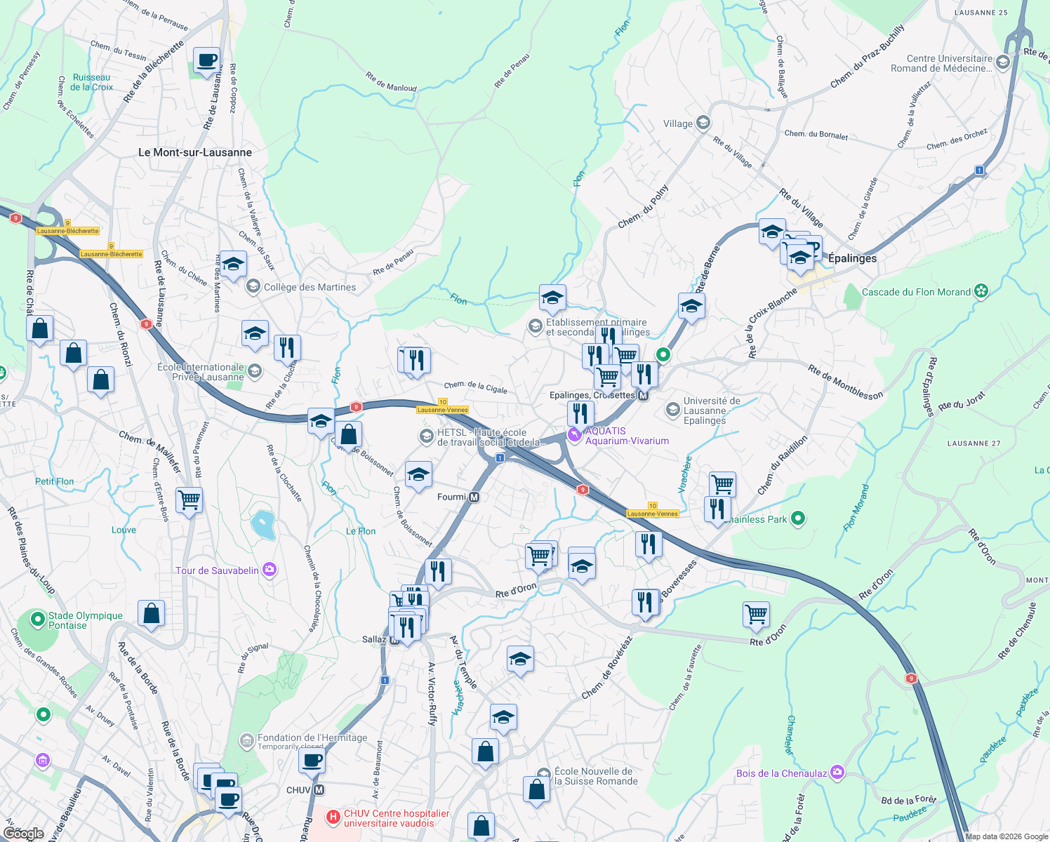 map of restaurants, bars, coffee shops, grocery stores, and more near 5E Chemin de Grand-Vennes in Lausanne