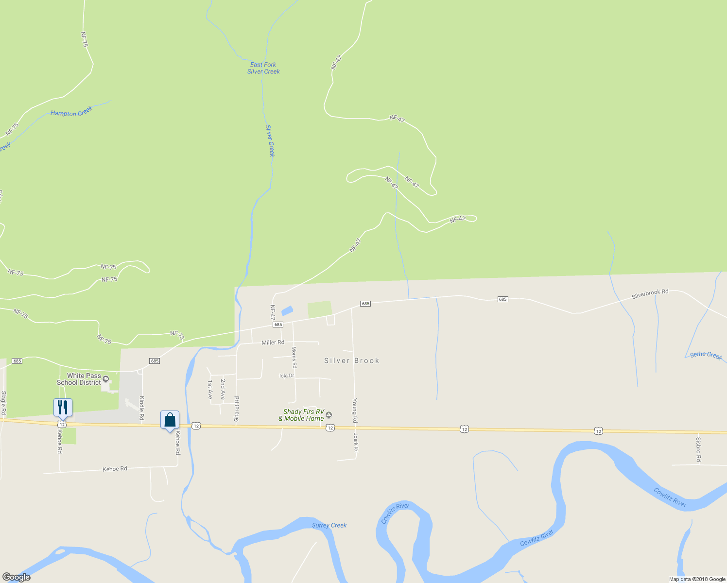 map of restaurants, bars, coffee shops, grocery stores, and more near 733 Silverbrook Road in Randle