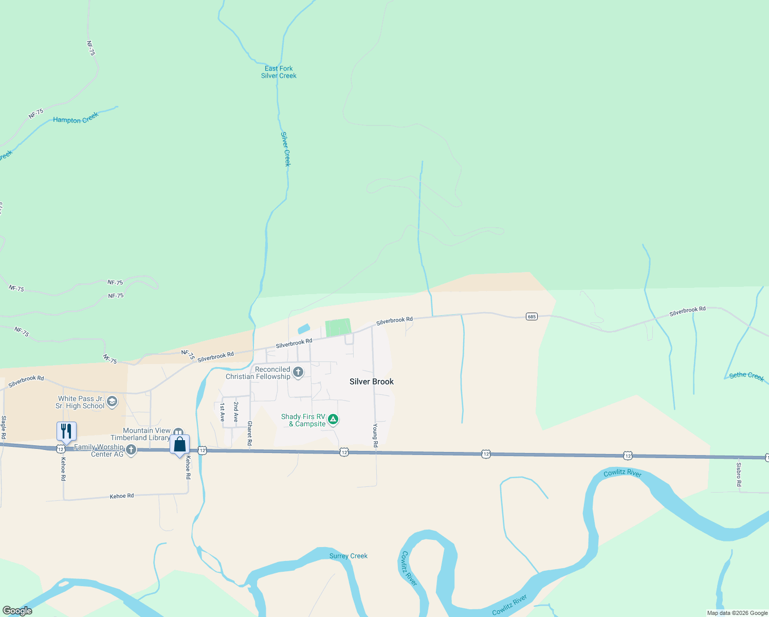 map of restaurants, bars, coffee shops, grocery stores, and more near 733 Silverbrook Road in Randle