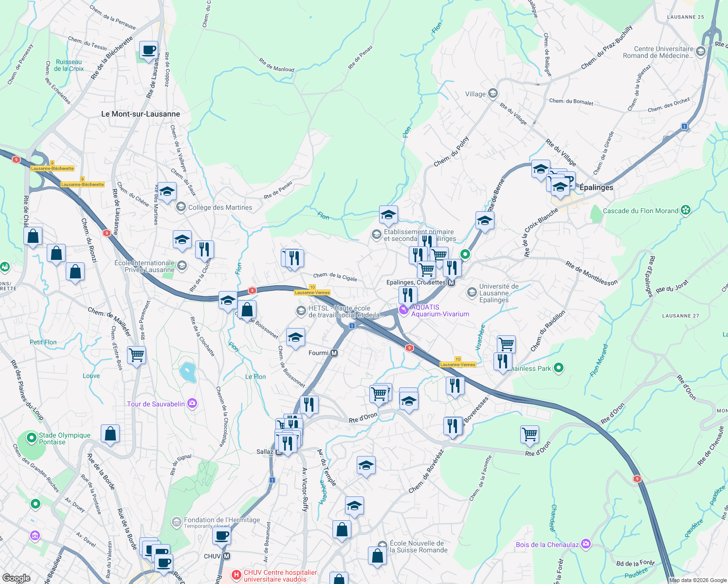 map of restaurants, bars, coffee shops, grocery stores, and more near 5E Chemin de Grand-Vennes in Lausanne