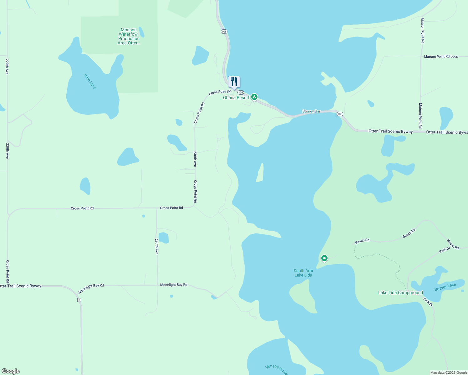 map of restaurants, bars, coffee shops, grocery stores, and more near 40158 Basswood Lane in Pelican Rapids
