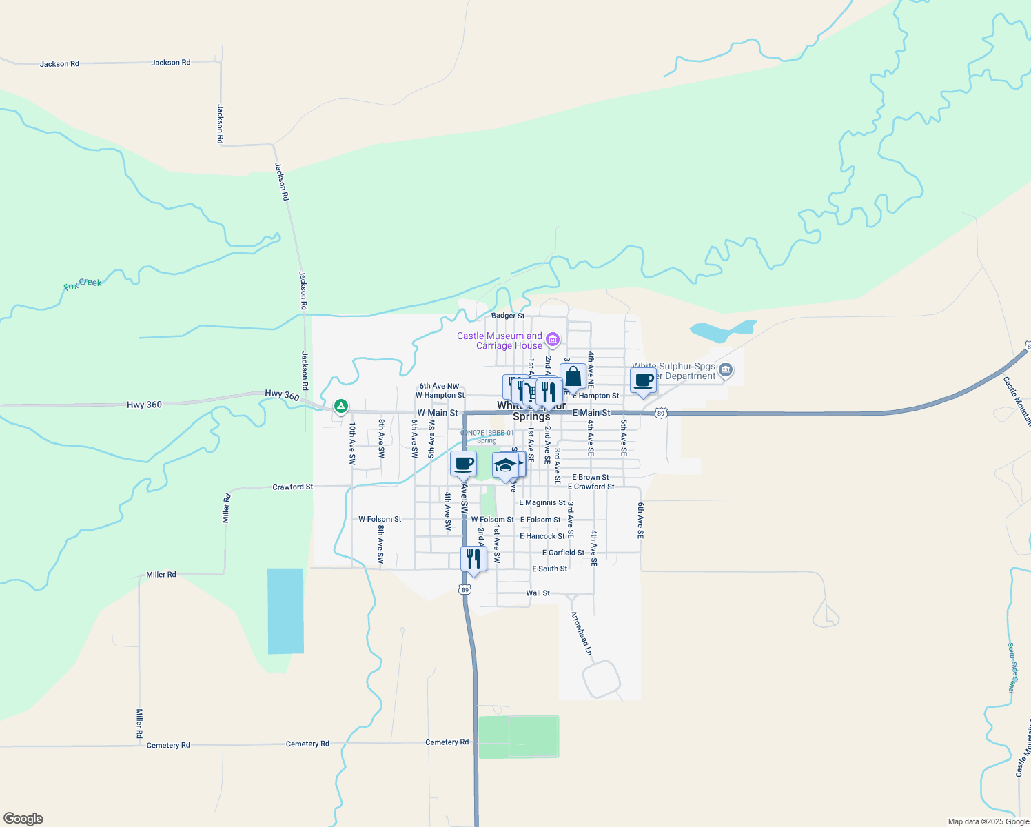 map of restaurants, bars, coffee shops, grocery stores, and more near 18 East Main Street in White Sulphur Springs