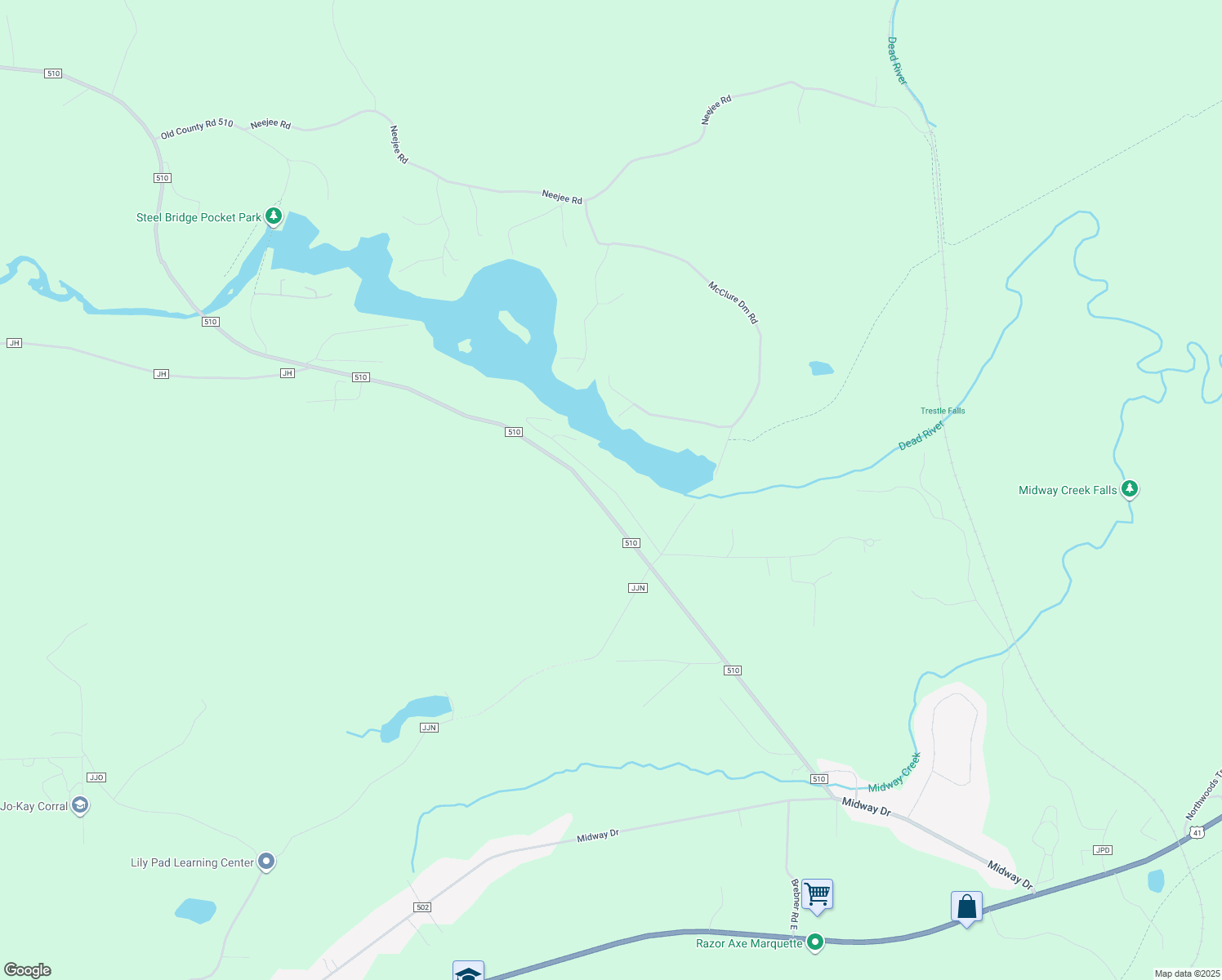 map of restaurants, bars, coffee shops, grocery stores, and more near Basin Ridge in Negaunee