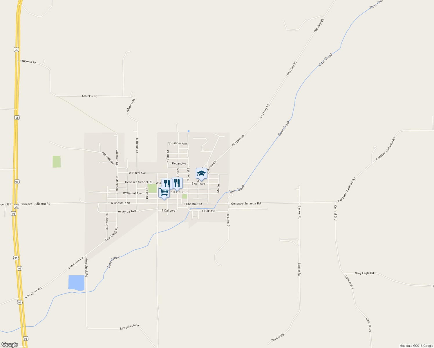 map of restaurants, bars, coffee shops, grocery stores, and more near 505 East Hazel Street in Genesee