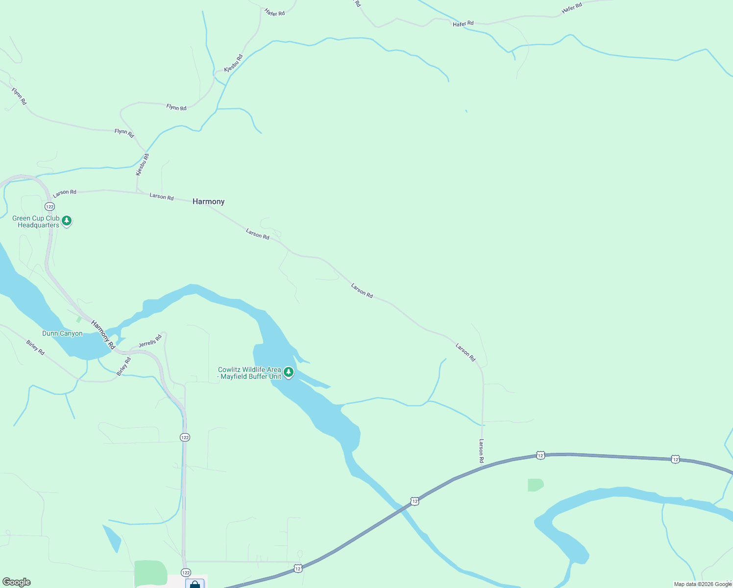 map of restaurants, bars, coffee shops, grocery stores, and more near Larson Road in Mossyrock