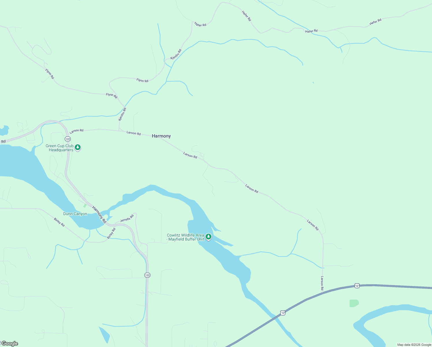 map of restaurants, bars, coffee shops, grocery stores, and more near Larson Road in Mossyrock