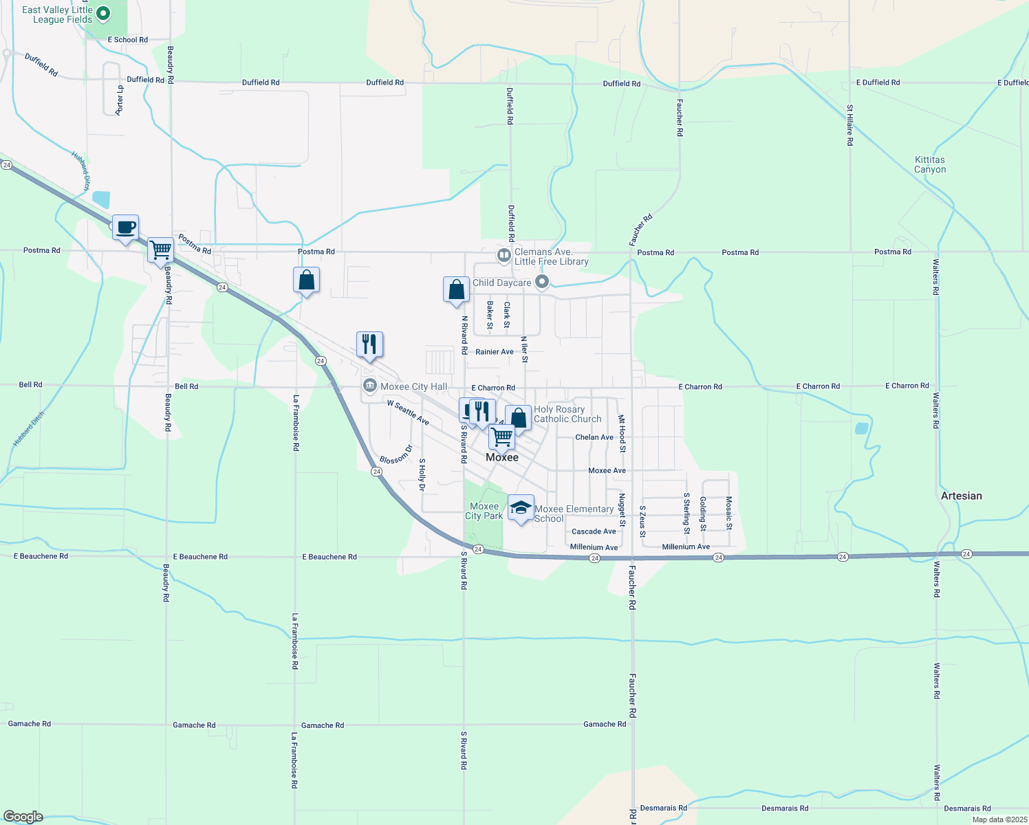 map of restaurants, bars, coffee shops, grocery stores, and more near 212 E Naches Ave in Moxee